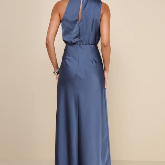 Lulus Dress Womens Small Slate Blue Distinctive Charm Satin Asymmetrical Maxi - Picture 2 of 11